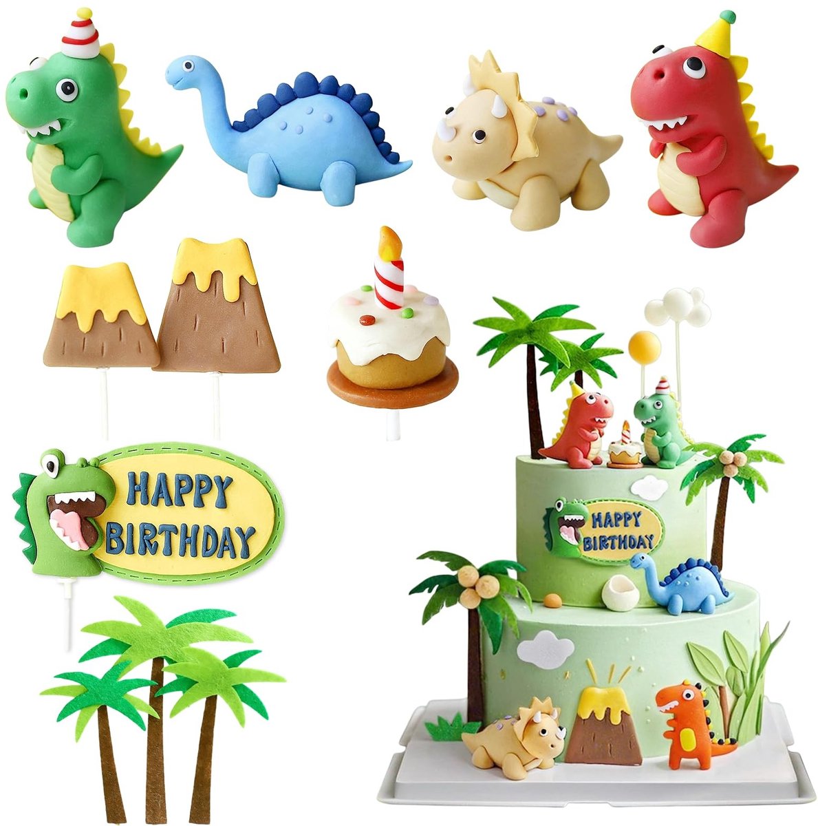 Dailygoods- Taartdecoraties 11 Stuks Luxe Set - Taartdecoratie Dinosaurus - Taarttopper Verjaardag - Thema Dinosaurus - Baby Shower - Kinderen