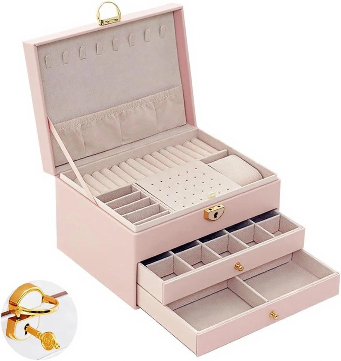 Dailygoods- Sieradenopslag 3 niveaus - Opbergdoos met slot - Stapelbare Sieradendoos - Roze - Compact en ruimtebesparend - 23 x 17 x 13,5 cm