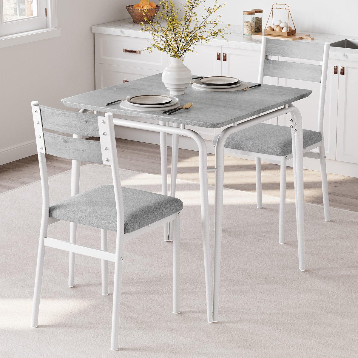 Eettafel Set 3-delig - 74x74x76cm - Keukentafel met 2 Beklede Stoelen - MDF Tafelblad - Ruimtebesparend Vintage Eettafel Set - voor Eetkamer Woonkamer of Appartement - Grijs + Wit