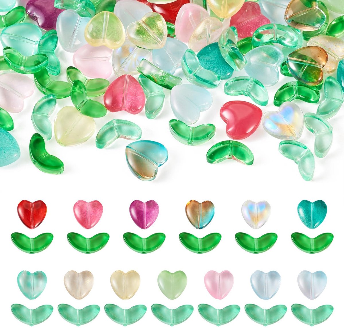 Dailygoods- Bloemkralen 78 Stuks - Transparante Glazen Kralen - Hart/Blad Kralen - DIY Sieraden Maken - 13 Kleuren - Opbergdoos 10.8x7.4x1.8cm - Sieradenkralen