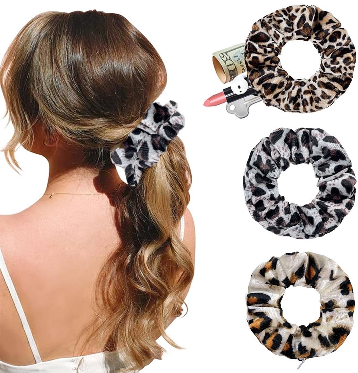 Dailygoods- Haarelastiekjes fluwelen met verborgen vak - 3 stuks - verstelbaar - voor accessoires - voor kleine voorwerpen - minimaliseert haarschade - Scrunchie