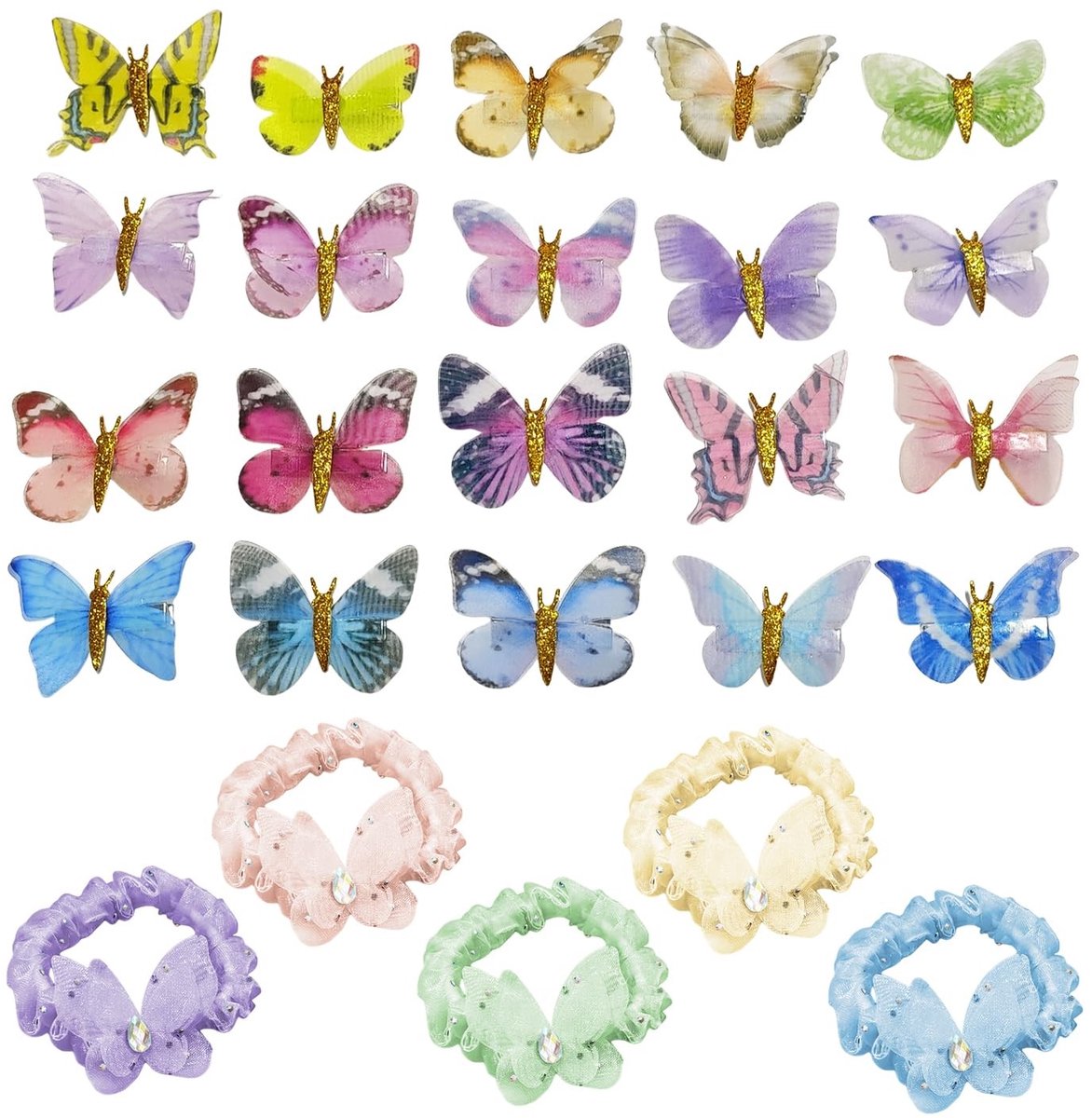 SnelShoppen - 20 x Veelkleurige Vlinder-Haarklemmen en 5 x Vlinder-Haarelastiekjes voor Meisjes - Decoratieve Haaraccessoires, Perfect voor Feesten en