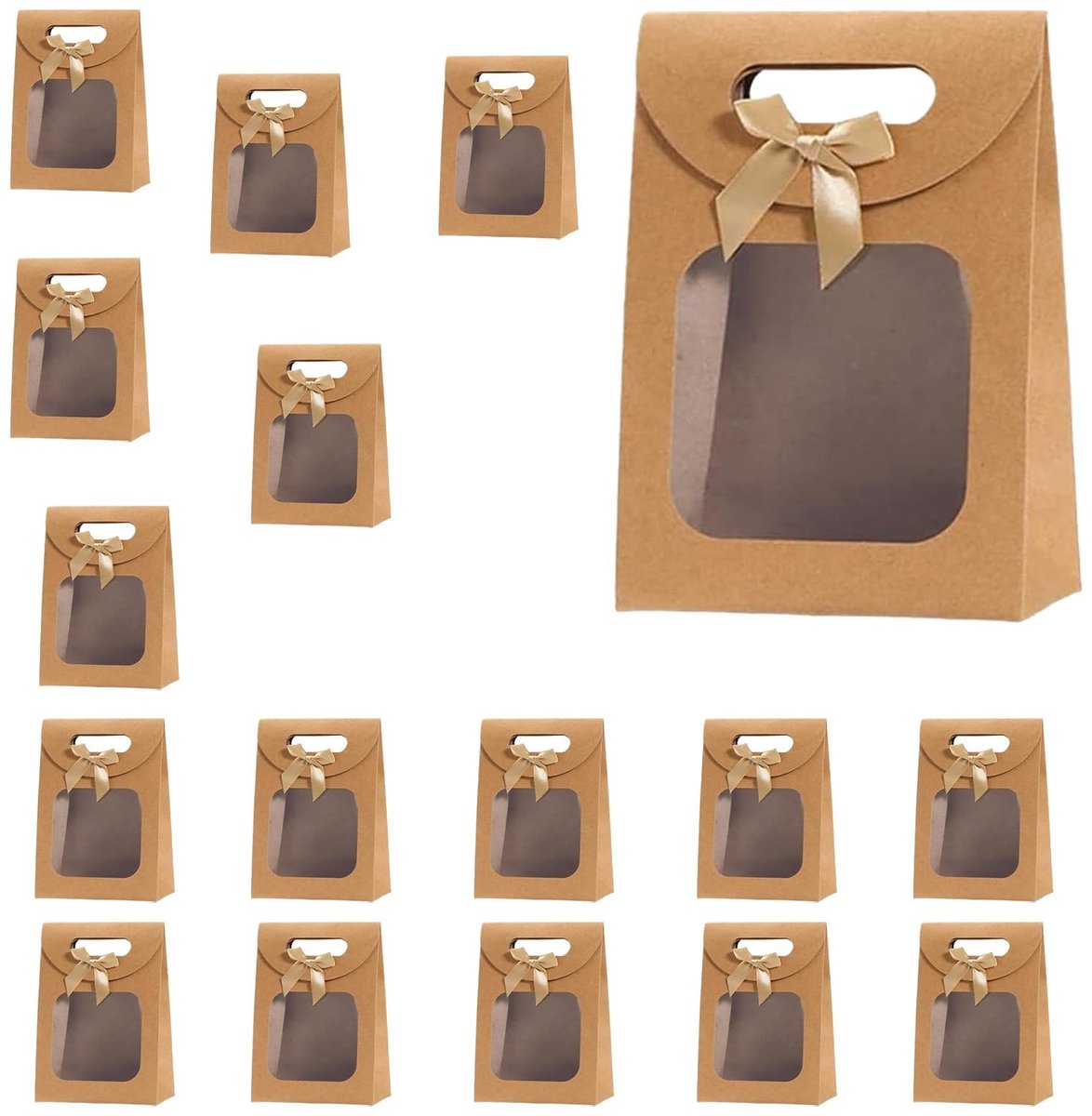 Dailygoods- Geschenkzak 20 stuks - Kraftpapier - Staande Zak met Handvatten - Raamdesign - Oliebestendig - Vochtbestendig - Perfect voor Geschenken - Cadeauzakje
