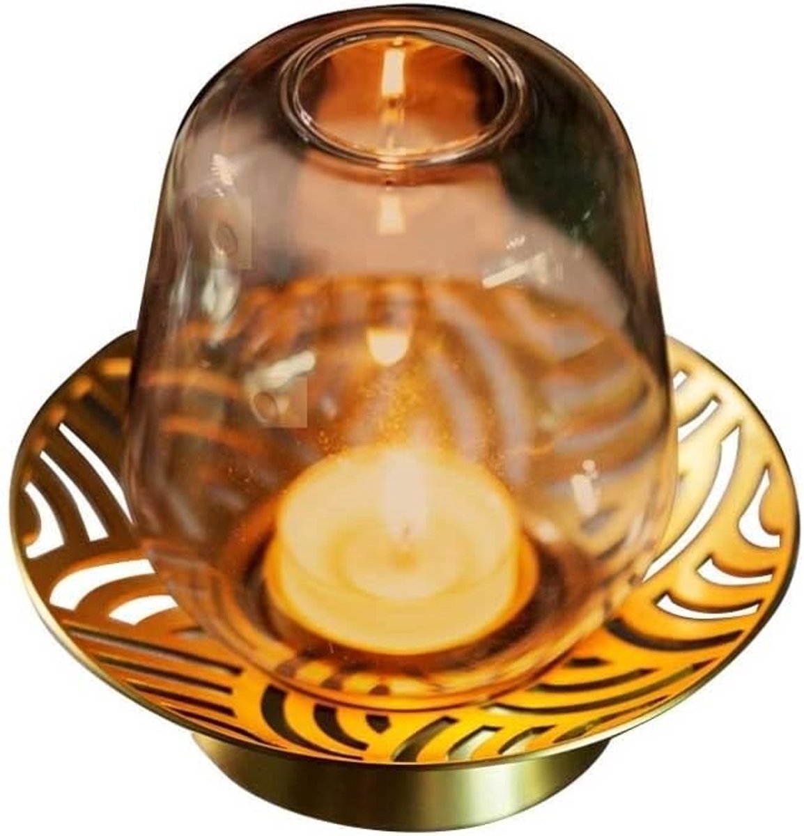 Kaarsenstandaard - Vintage Kandelaar - Sfeerverlichting Huis - Koperen Basis Glas - 12x12cm - Bruin