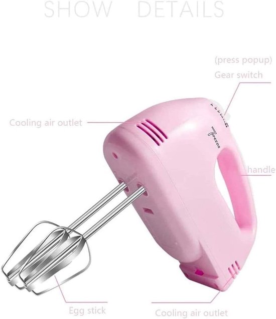Elektrische Handmixer - Keukenmixer Klopper - Beslag Maken - Zeven Snelheden Turbo - 180W Vermogen - Roze — afbeelding 2