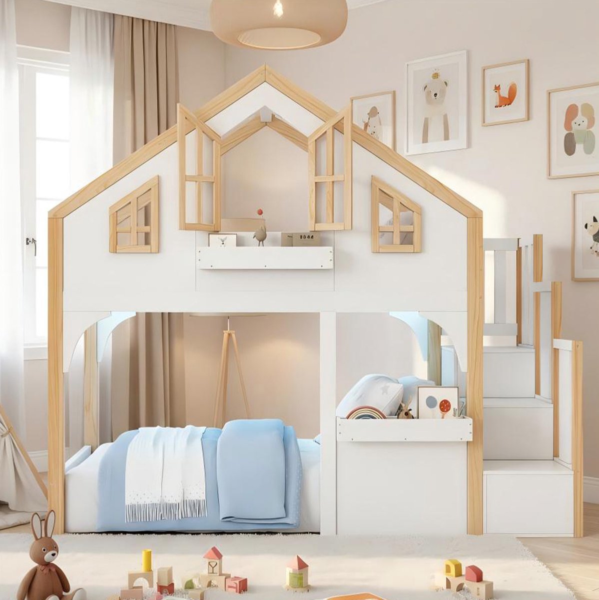 MEUNIQ hoogslaper huisbed 90x200 cm met opbergtrap, LED-verlichting en raamvorm, kinderbed voor de kinderkamer, wit en naturel