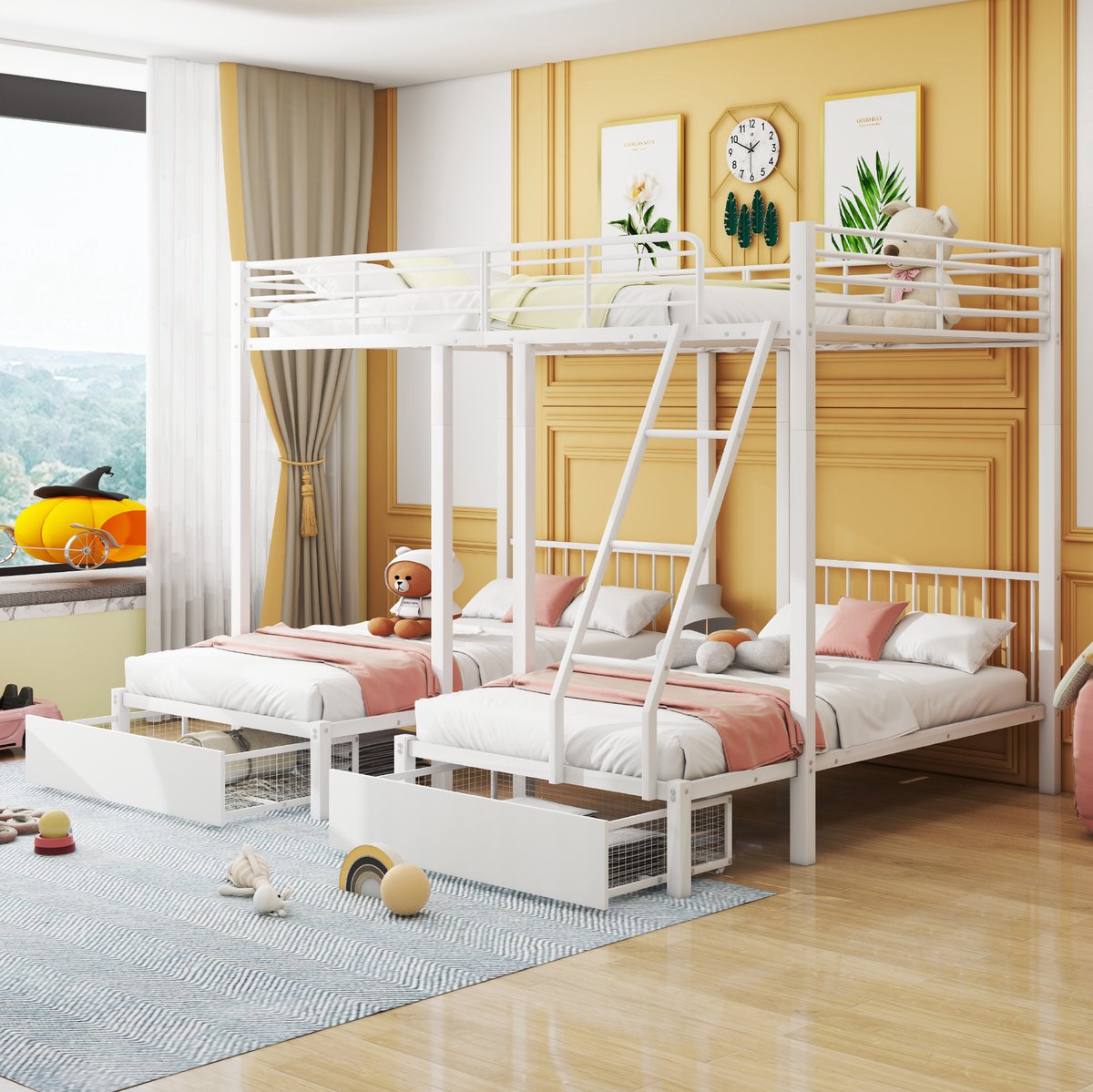 MEUNIQ stapelbed 140 x 200 en 2 x 90 x 200 cm met 2 lades, metalen bedframe omvormbaar tot 3 losse bedden, met uitvalbeveiliging en trap, wit
