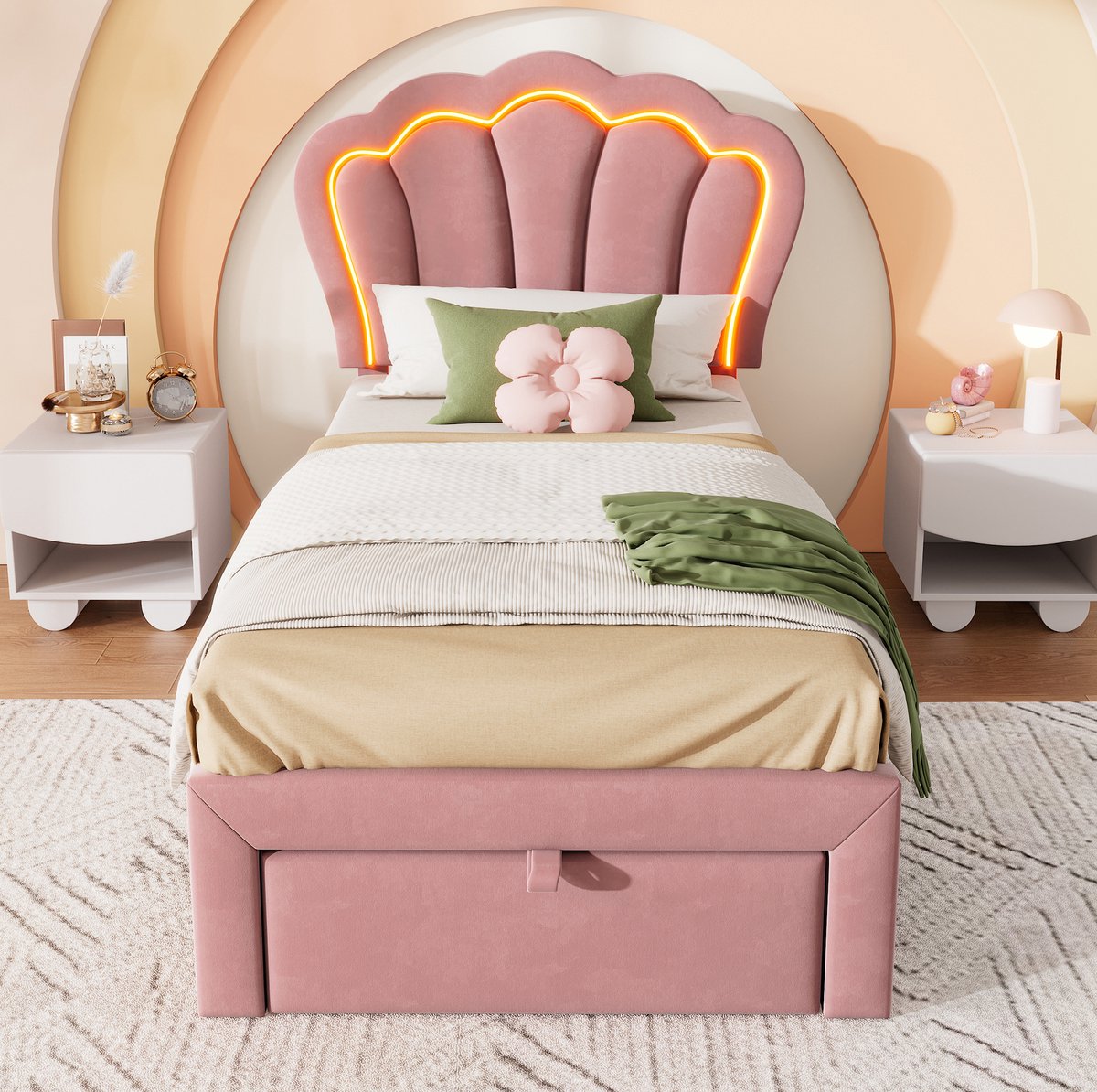 MEUNIQ kinderbed 90 x 200 cm met LED, verstelbaar hoofdbord, lattenbodem en bedlade, gestoffeerd eenpersoons bedframe voor kinderkamer, roze