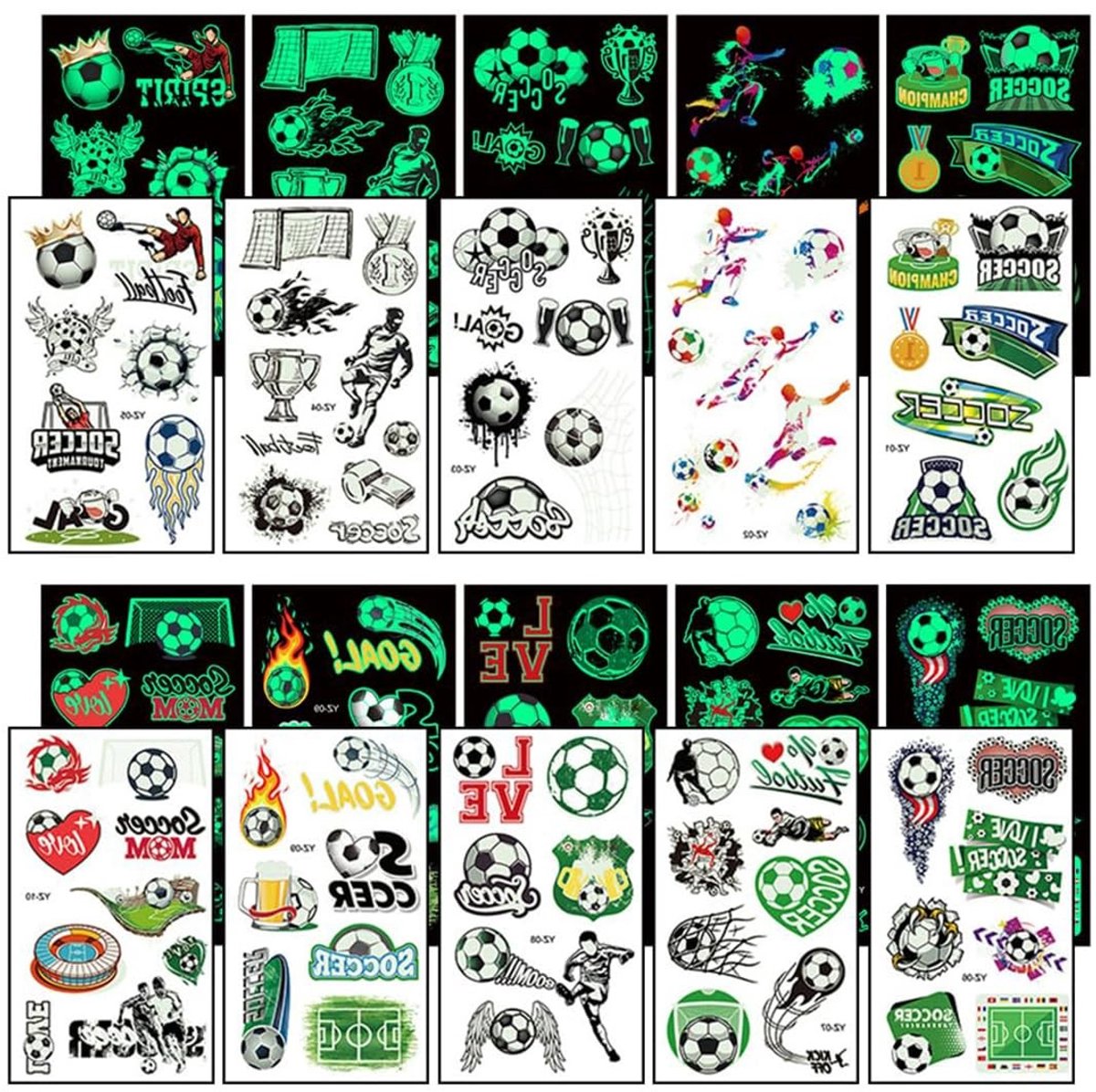 Dailygoods- Tatoeages voor Kinderen - 10 Vellen - Tijdelijk - Fluorescerend - Voetbal - Decoratie - Uniek Lichteffect - Kindertatoeages