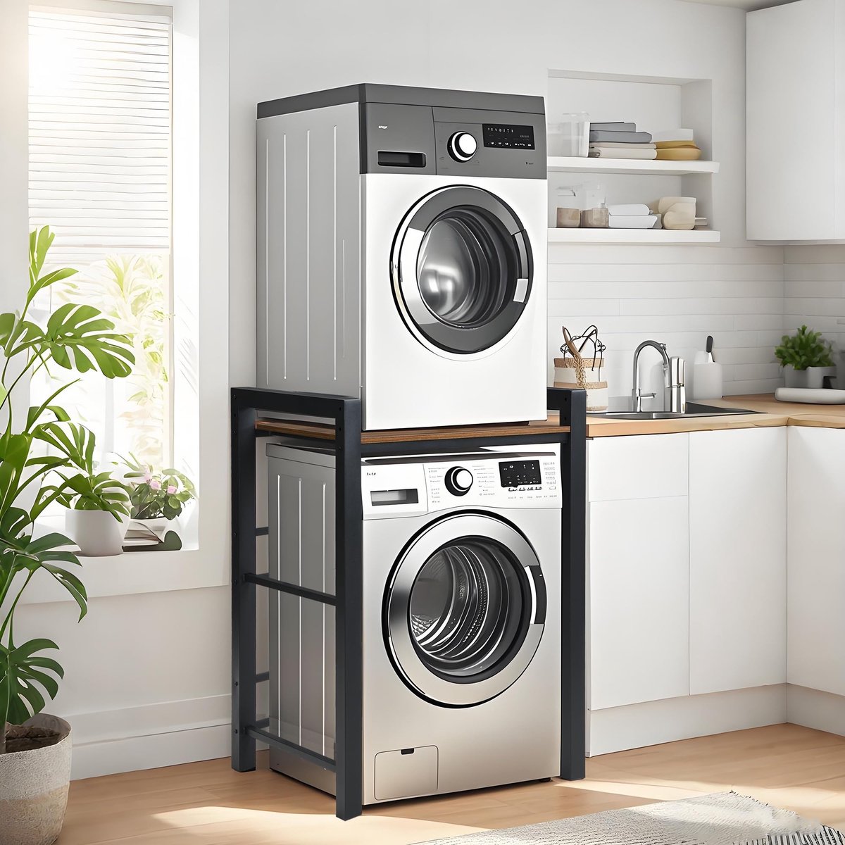 Dailygoods- Wasmachinerek 300 kg draagvermogen - Verstelbaar - Opbergrek voor badkamer - Opbergrek voor balkon - Opbergrek voor wasruimte - Sterke metalen structuur