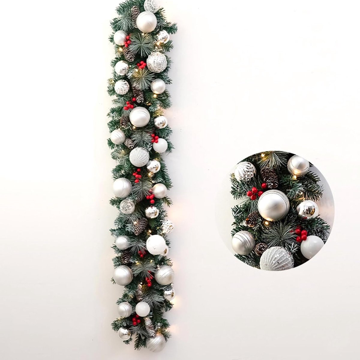 Kerstguirlande Verlichting - Nep Dennen - Feestelijke Decoratie - Automatische Timer - 135 cm - Zilver – foto 6