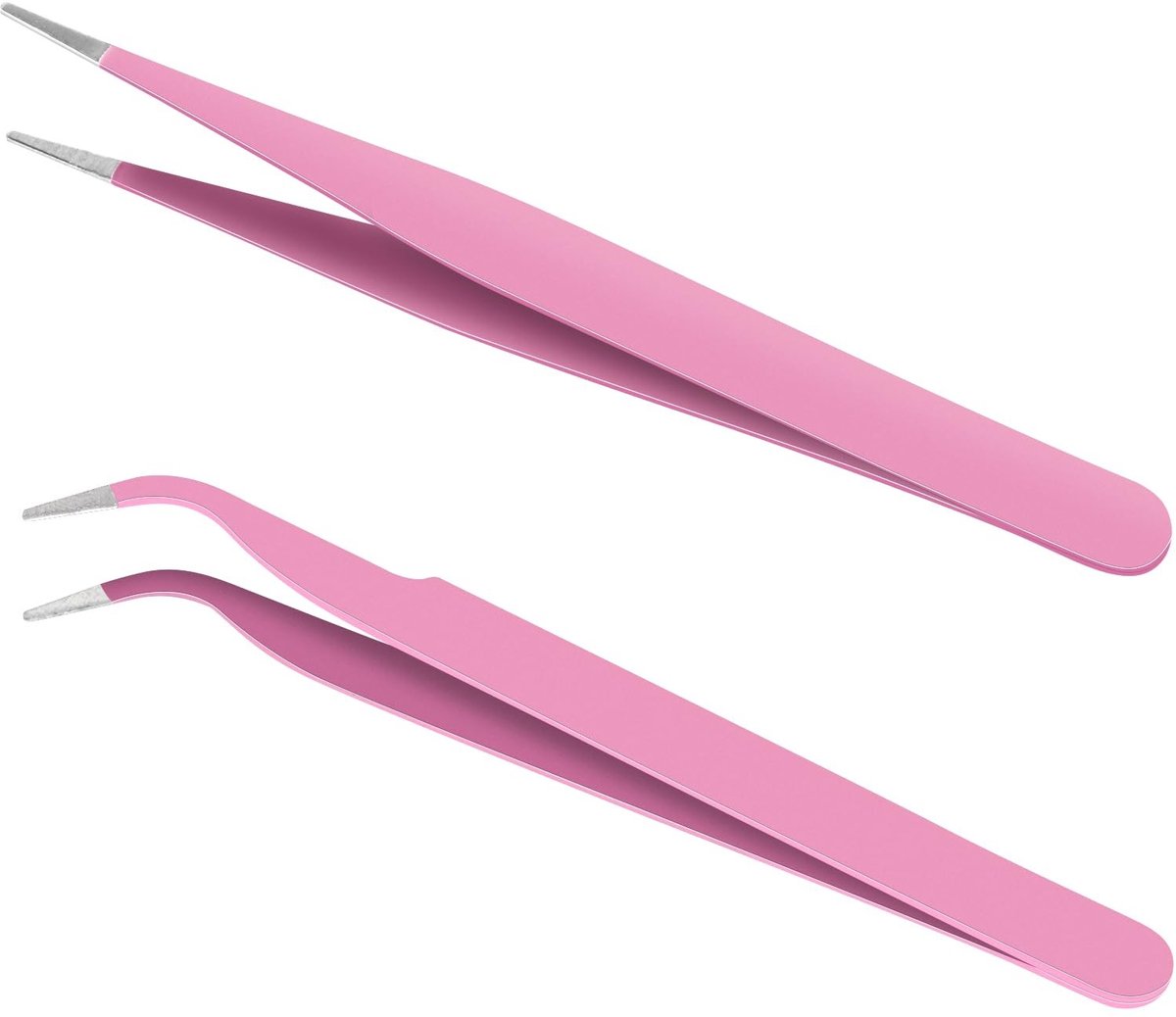 Dailygoods - Ainiv Precisiepincet, 2 stuks wimperverlenging, precisie, antistatisch roestvrij staal, pincet met punten, rechte en gebogen punten, pincet voor verlenging van valse wimpers, roze