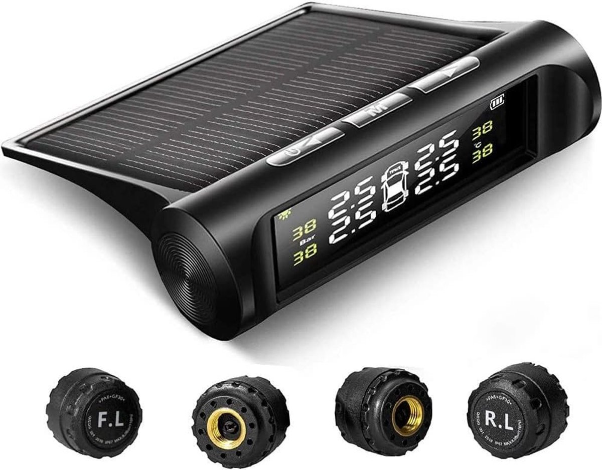 Banden Spanningsmeter - TPMS Systeem - Veilig Rijden - Zonne- en USB-lader - 4 Externe Sensoren - Zwart