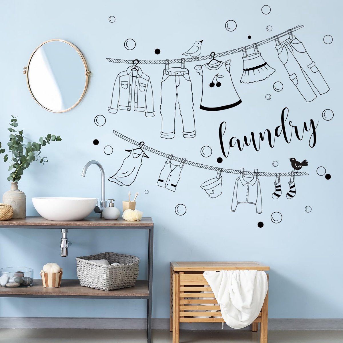 Dailygoods - Zwart en Wit Muursticker voor Wasruimte - DIY Decoratie