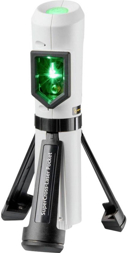 Witte laserwaterpas "SuperCross-Laser Pocket" met groene kruislijnlaser en inklapbaar statief.