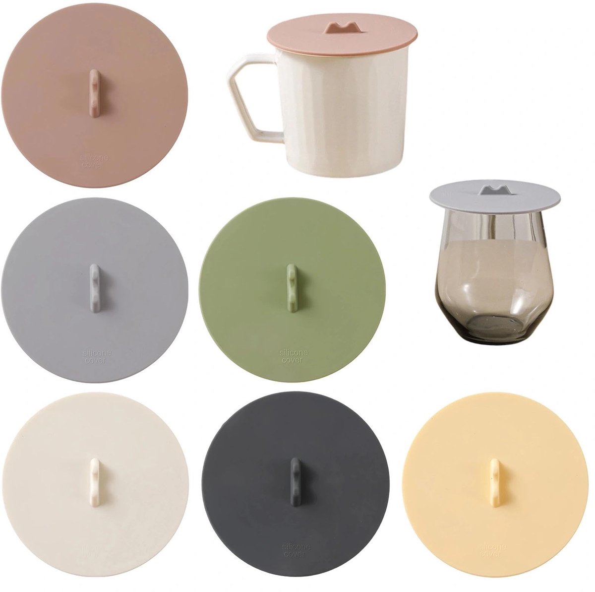 Dailygoods- Siliconen Deksels 10 cm - Herbruikbare Deksels - Lekvrij - Waterdicht - Stofafstotend - 6 Stuks - Met Handvat en Lepelhouder - Kopjesdeksel