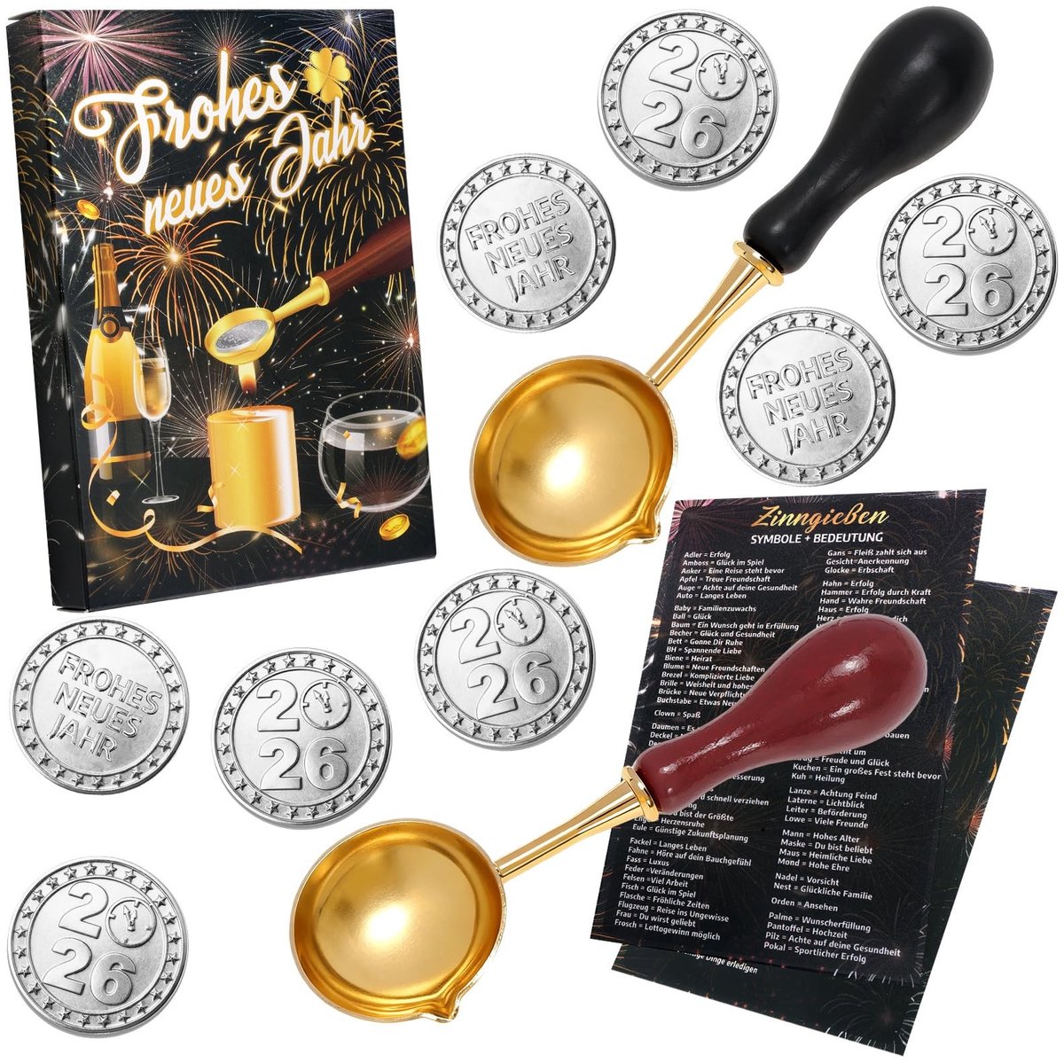 Dailygoods- Smeltset Tin en Lood - 18 Figuren - 2 Lepels - Handleiding - Nieuwjaarscadeau - Vrolijk Jaar 2026 - Gietset