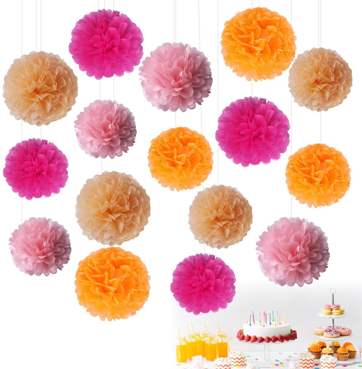 Dailygoods- Feestdecoraties 16-delige set - Papieren pompons 20/25 cm - Roze/Oranje - Duurzaam - Voor verjaardag/bruiloft/babyshower - Feestversiering