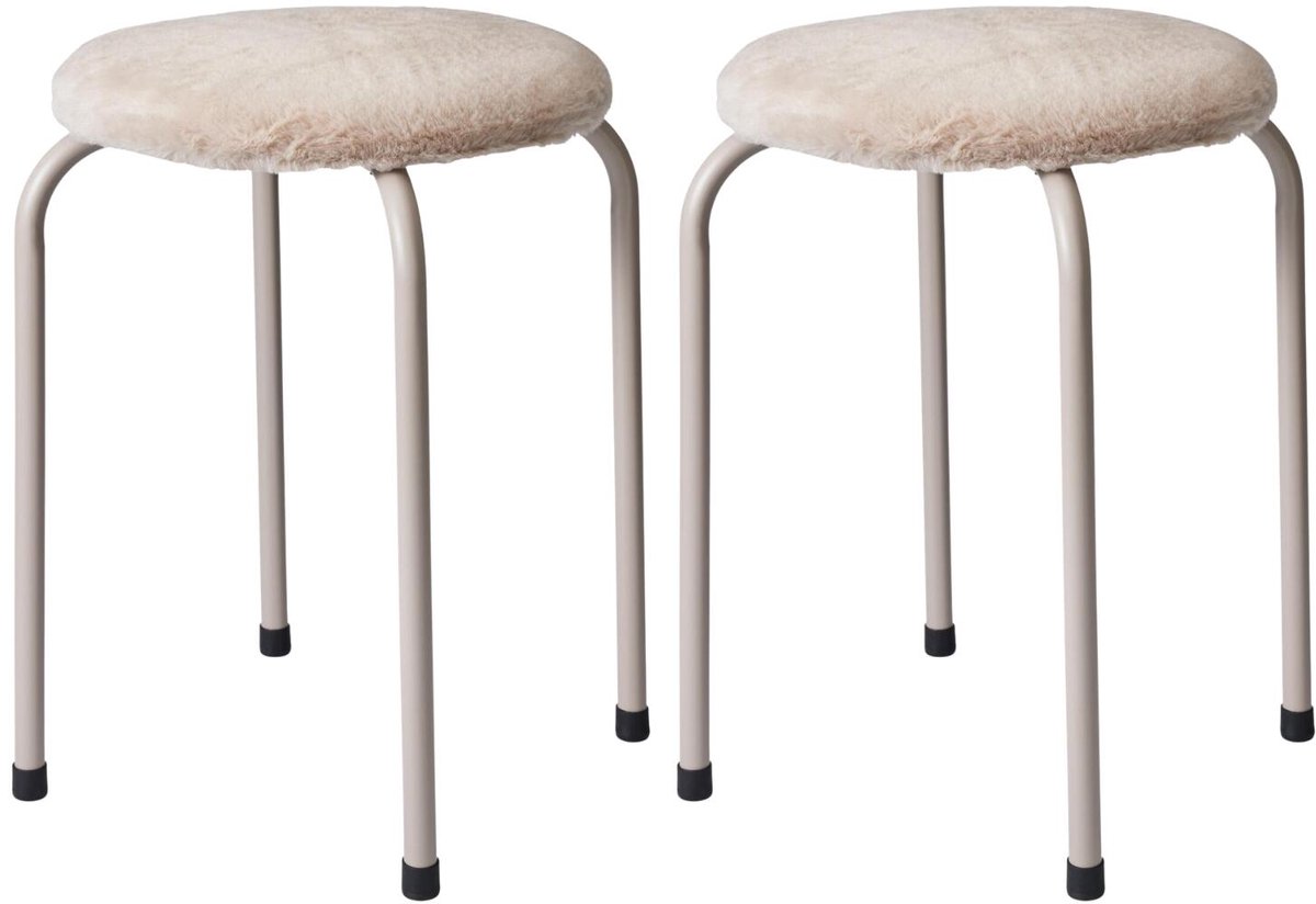 Home & Styling Bijzet krukje Furry beige - 2x - metaal/stof - D40 x H48 cm - Meubels