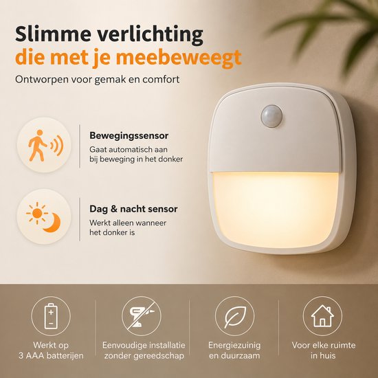 3x WoonWonder Nachtlampje met bewegingssensor - Draadloos - voor o.a. Slaapkamer, Overloop, Garage - Dag en Nacht Sensor - Werkt op 3 AAA batterijen van WoonWonder — afbeelding 2