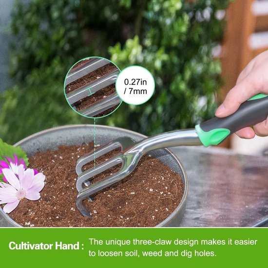 3-delige Tuingereedschapset - Tuingereedschap - Tuingereedschapset voor binnen en buiten - Met zacht rubber - Antislip - Ergonomische handgreep - Geschikt voor tuinieren, planten, potten, wieden, grond losmaken - Groen van Hoffmans — afbeelding 2