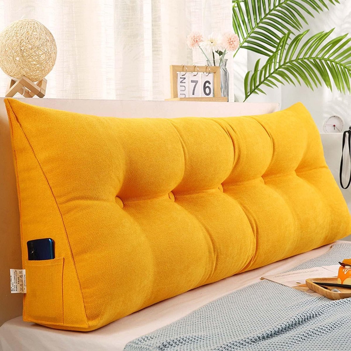 Rugkussen Driehoek - Leeskussen Rugsteun - Comfortabel Lezen - Afneembare Hoes - 180x50x20 cm - Geel