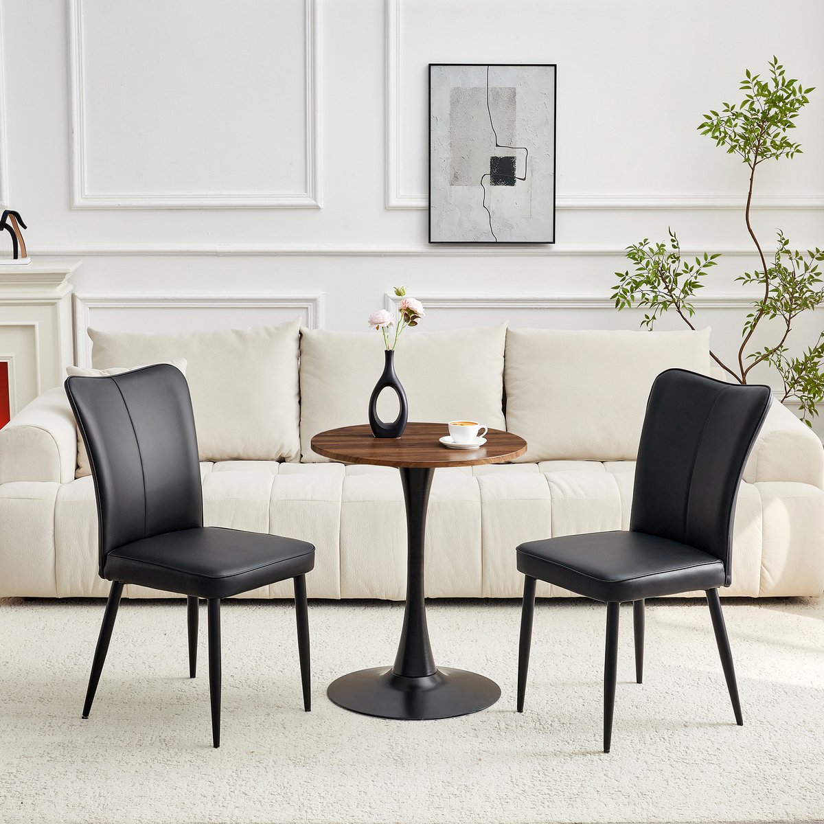 FloraGrace Eettafelset 60 Cm - Ronde Tafel Met 2 Stoelen - Compact Voor Eethoek Of Woonkamer - MDF, Metaal En PU - Zwart Zwart, Noten