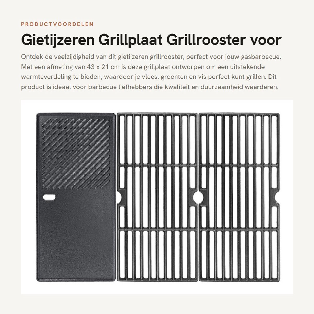 Dailygoods- Grillplaat Gietijzer - 3 Stuks - 43 x 21 cm - Geschikt voor Gasbarbecue - Goede Thermische Geleidbaarheid - Perfecte Schroeiplekken - Grillrooster