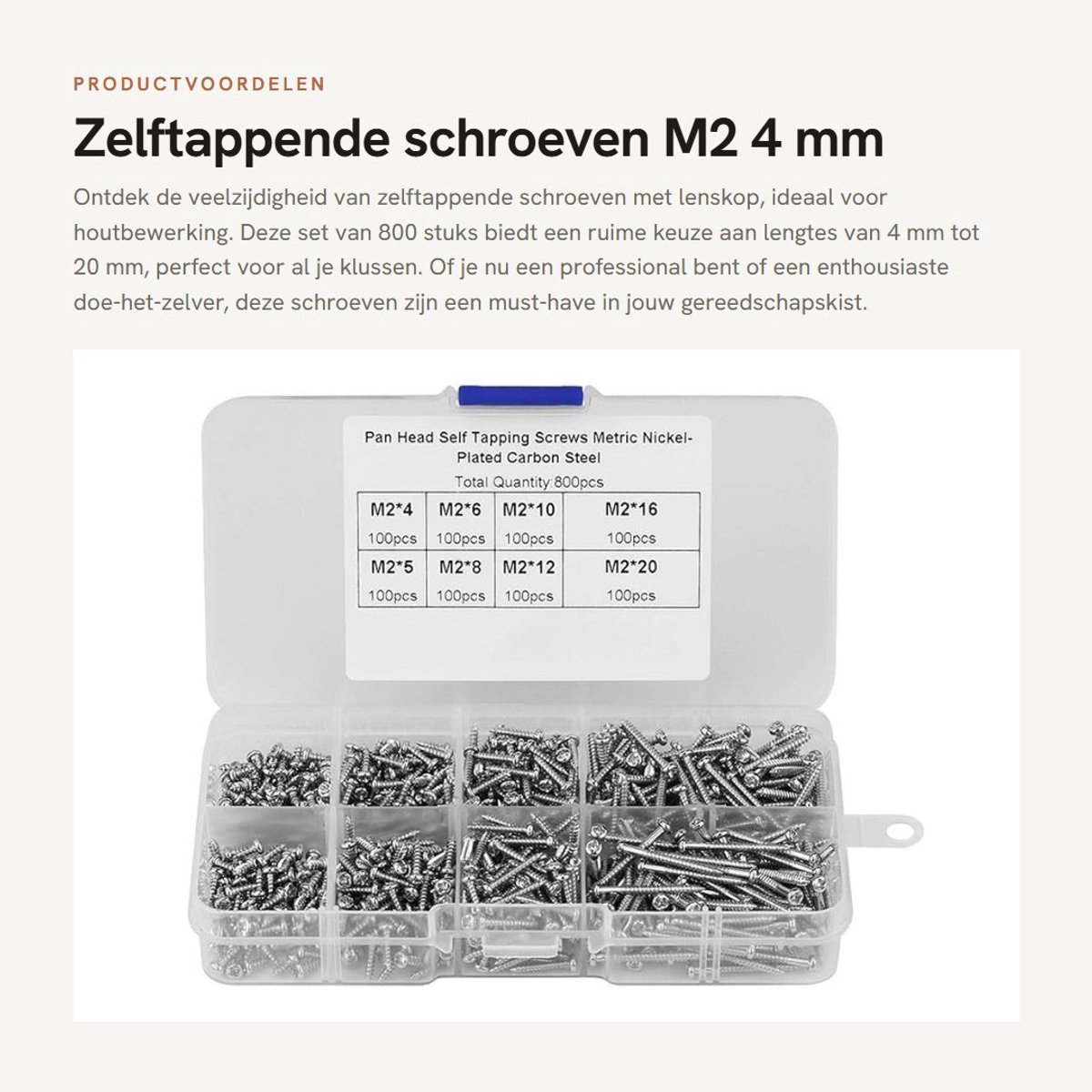 Dailygoods- Zelftappende Schroeven 800 Stuks - M2 4/5/6/8/10/12/16/20 mm - Vernikkeld Koolstofstaal - Doos 13 x 6,5 x 2,5 cm - Platkop voor Houtbewerking