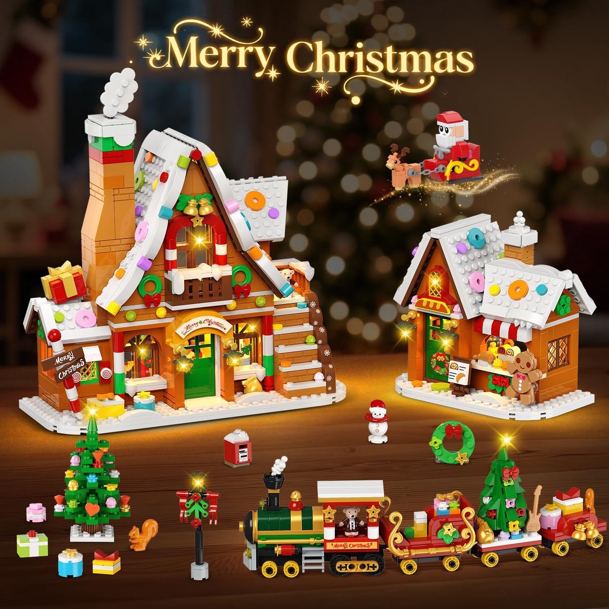 Kerstdorp bouwpakket - Peperkoekhuis set - Kerstversiering maken - Met verlichting - 1955 stenen - Multicolor – foto 5