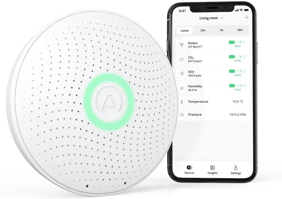 Luchtkwaliteitsmonitor - Binnenluchtmeter - Gezondheid Monitoren - Zes Sensoren - Batterij Aangedreven - Wit