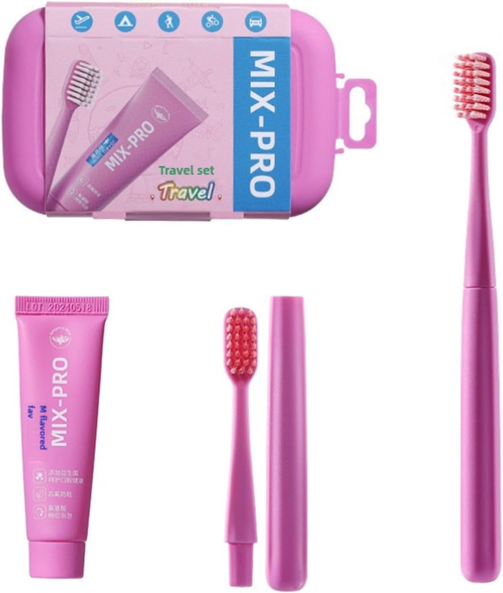 Reis Tandenborstel Set - Compact Mondverzorging - Onderweg Poetsen - Alles-in-één Kit - 11x7x2.8cm - Roze