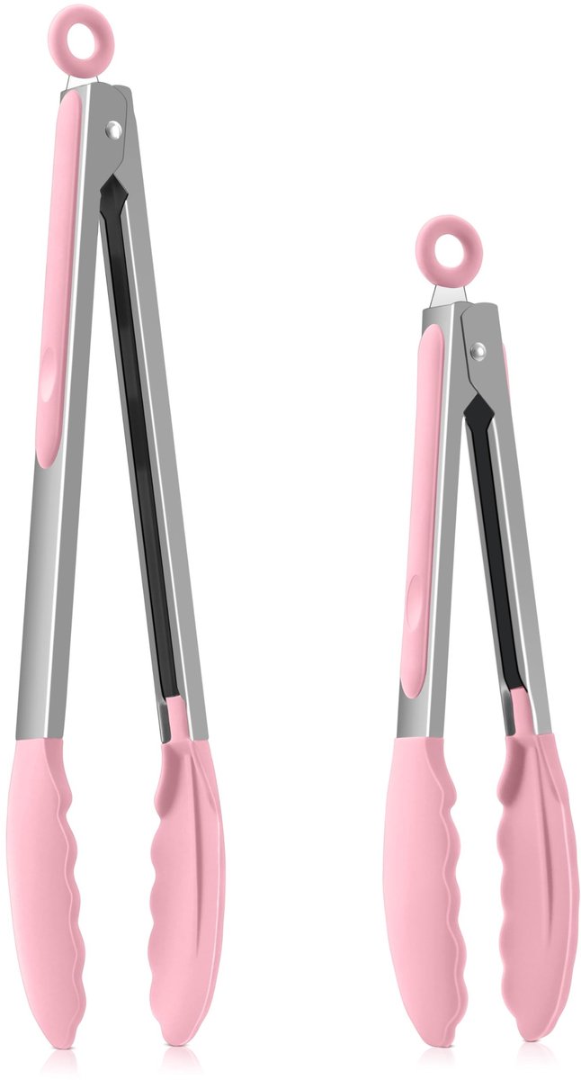 Dailygoods - Homikit Keukentang, roestvrij stalen kooktang, grilltang, set van 2 met hittebestendige siliconen handgreep, anti-aanbaklaag, siliconen punt, 30,3 cm en 23,7 cm, roze vleestang met vergrendeling voor