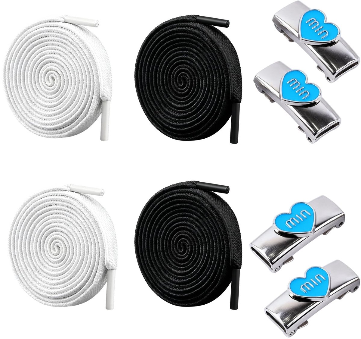 Dailygoods - 2 paar elastische veters, prachtige metalen gesp, zeer elastisch, plat, voor sportschoenen, wandelschoenen, werkschoenen, vrijetijdsschoenen, wit/zwart