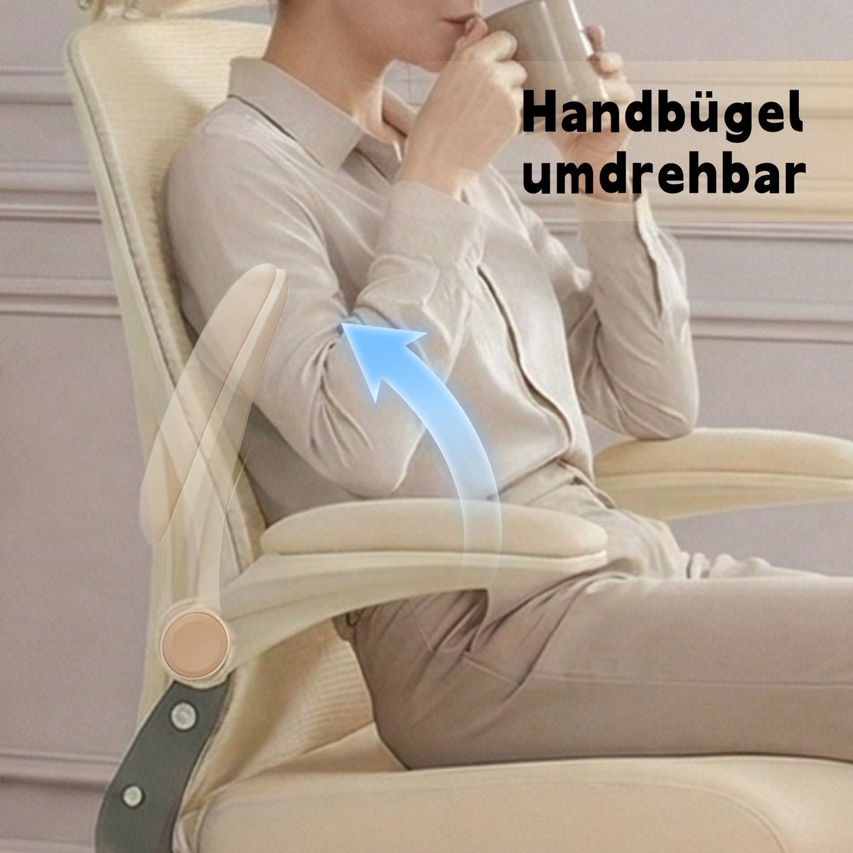 Bureaustoel - Ergonomisch Opklapbaar Design - Met 3D Hoofdsteun, Lendensteun En Voetsteun - Voor Werk En Studie - Netrugleuning - Crème