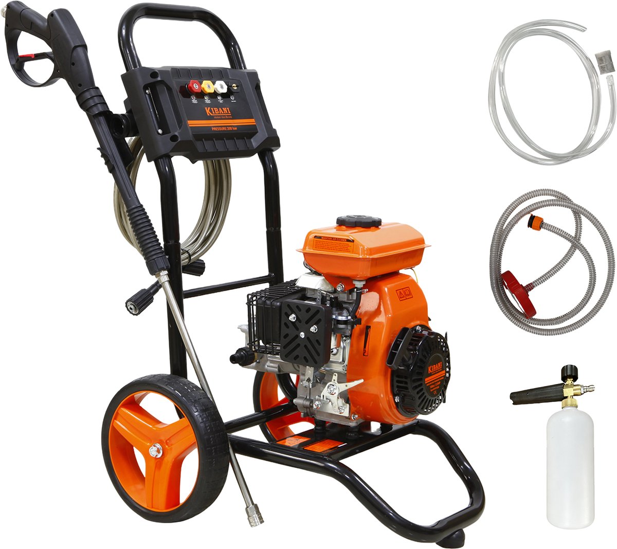 Kibani Benzine Hogedrukreiniger 200 bar - 105cc - Met foampot - 4 nozzles - 8 meter slang