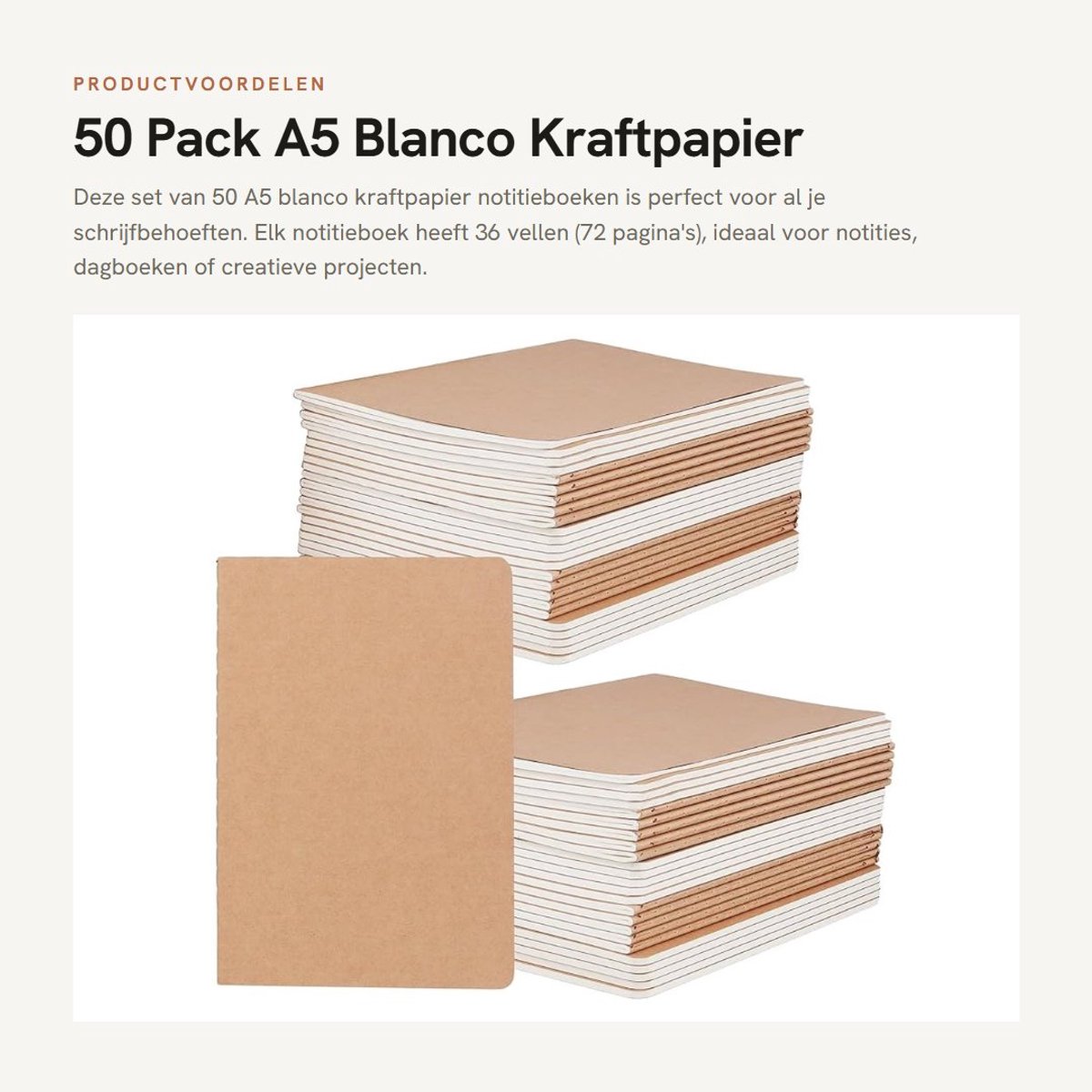Dailygoods- Notitieboek A5 - 50 Stuks - 72 Pagina's - 80 g/m² Kraftpapier - Blanco - Perfect voor Notities en Journaling - Schrijfblok