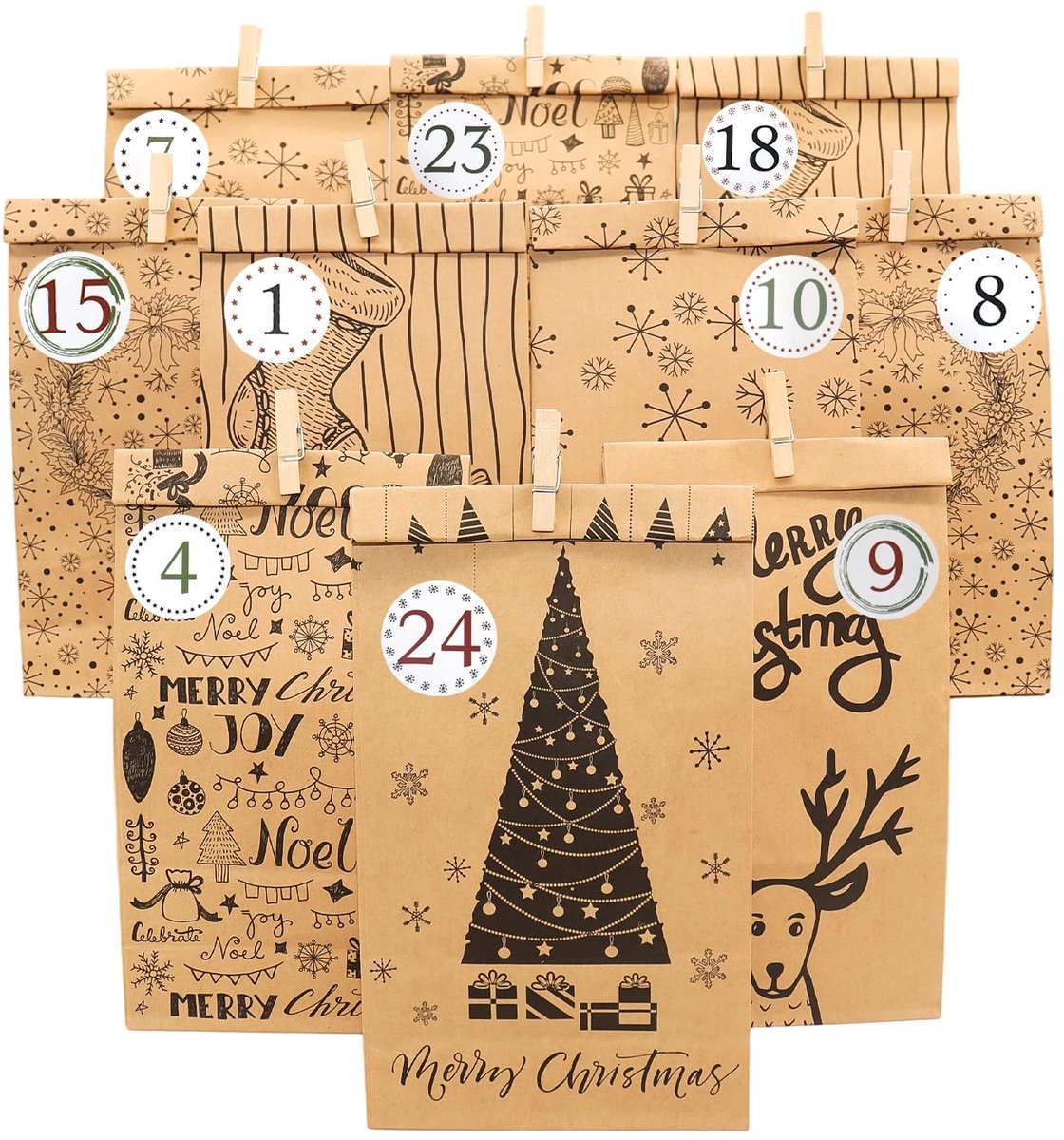 Dailygoods- Adventskalender Doe-Het-Zelf - 24 Geschenkzakjes - Genummerde Stickers - Houten Klemmen - 23,5 x 12 cm - Herbruikbaar Kraftpapier - Kalender