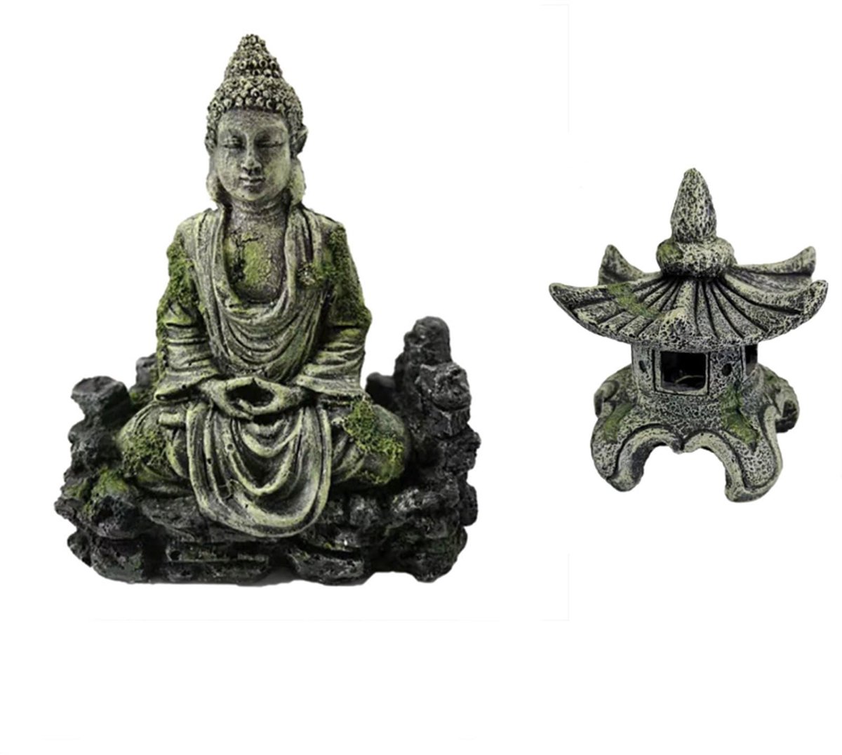 Dailygoods - Aquariumdecoratie - Boeddha en vuurtoren - Unieke aqua-decoratie - 14 x 7 x 17,5 cm - Hars ornamenten - Geschikt voor zoet- en zoutwatera...