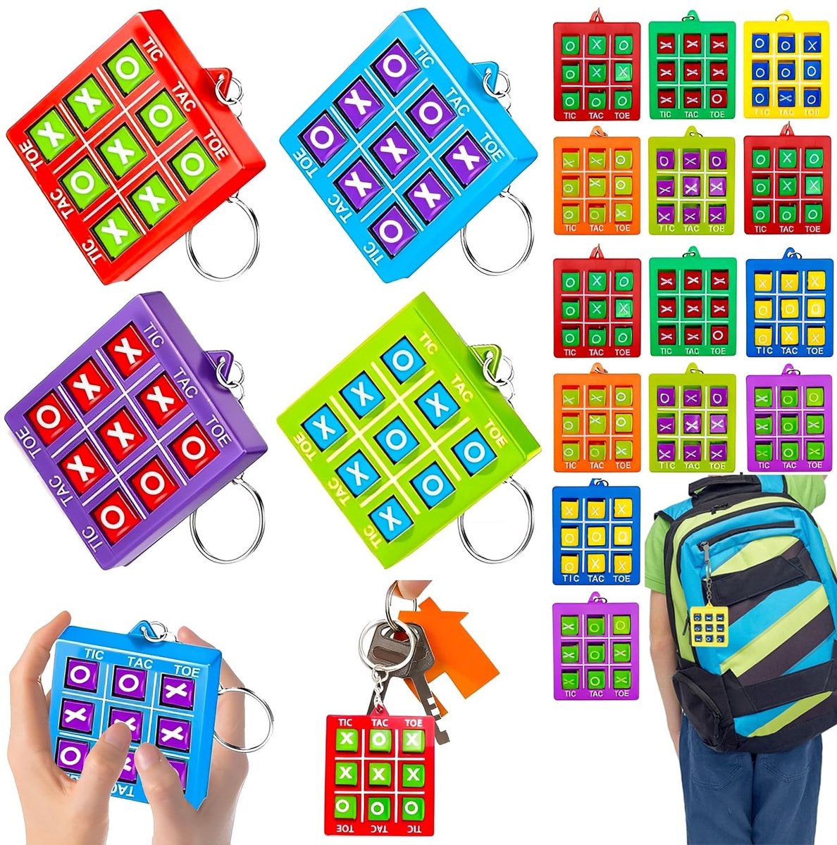 Dailygoods- Sleutelhanger 18 Stuks - Tic Tac Toe Design - Rugzakclip - Kindersleutelhanger - Mini Spel - Geschikt voor Jongens/Meisjes - Speelgoed