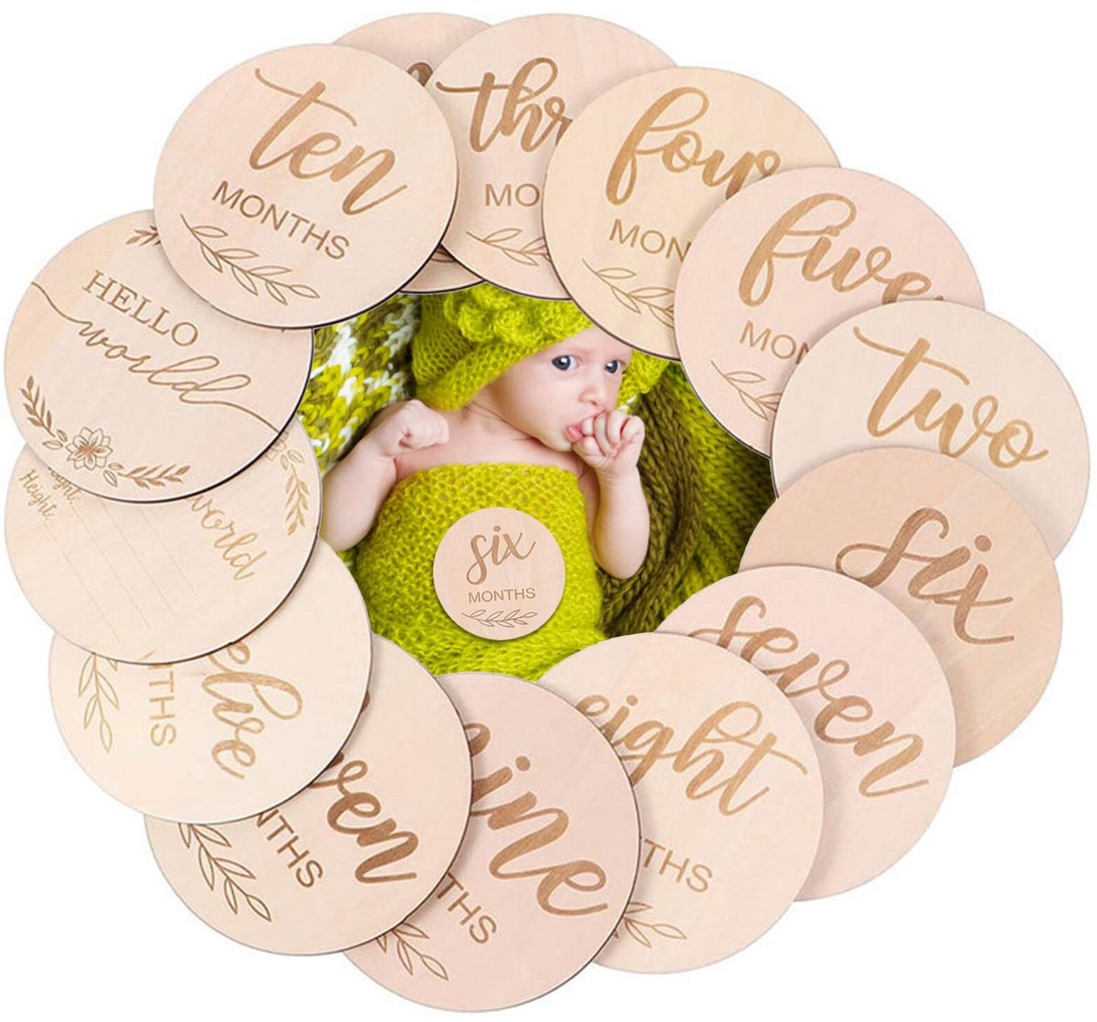 Dailygoods- Mijlpaalkaarten 12 stuks - Dubbelzijdig gegraveerd - Natuurlijk hout - Babyfotografie - Cadeau voor babyshower - Veilig en niet giftig - Babyfotokaarten