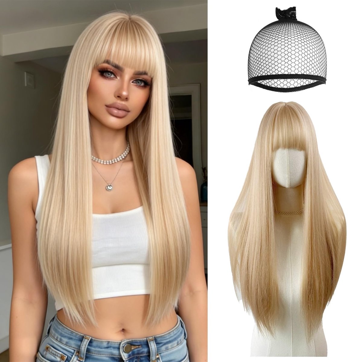 Dailygoods- Pruik Lange Rechte Blonde - Natuurlijk Uitzien Synthetisch Haar - Pruik met Pony - Cosplay/Kostuum - Comfortabele Pasvorm - Geschikt voor Dames - Haarstuk
