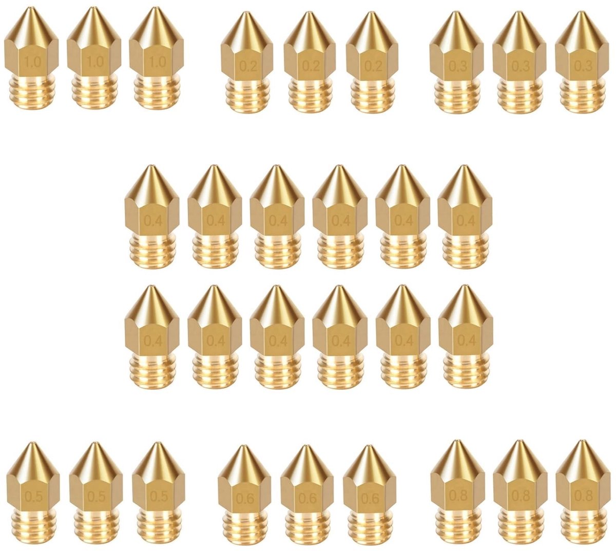 Dailygoods- Messing Nozzle Set 30 Delen - 12×0,4mm - 3×0,2/0,3/0,5/0,6/0,8/1,0mm - 3D Printer - Voor Creality Ender 3/CR-10 - Nauwkeurig Vervaardigd - 3D-printer Mondstukken