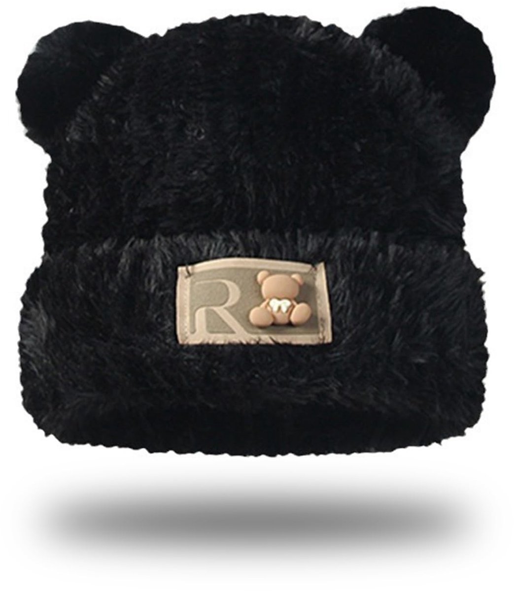 Dailygoods- Dameshoed Pluche Beer - Wintermuts - Warme Beanie - Zwart - Geschikt voor hoofdomtrek 53-58 cm - Thermisch fleece isolatie