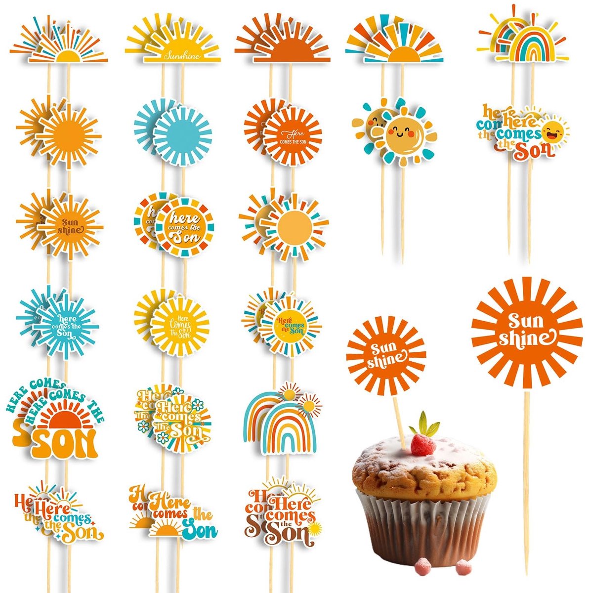 Dailygoods - 46 Stuks Zon Cupcake Toppers voor Feestdecoratie