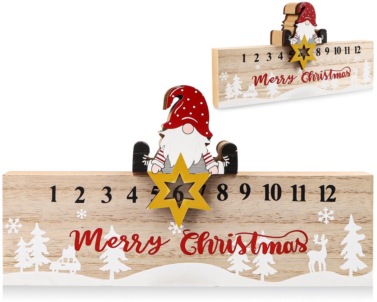 Dailygoods- Adventskalender Houten Ornament - Kerst Aftelkalender - Sterrenmotief - Tijdmarker Accessoire - 20 cm x 6 cm x 2 cm - Vrolijk Kerst