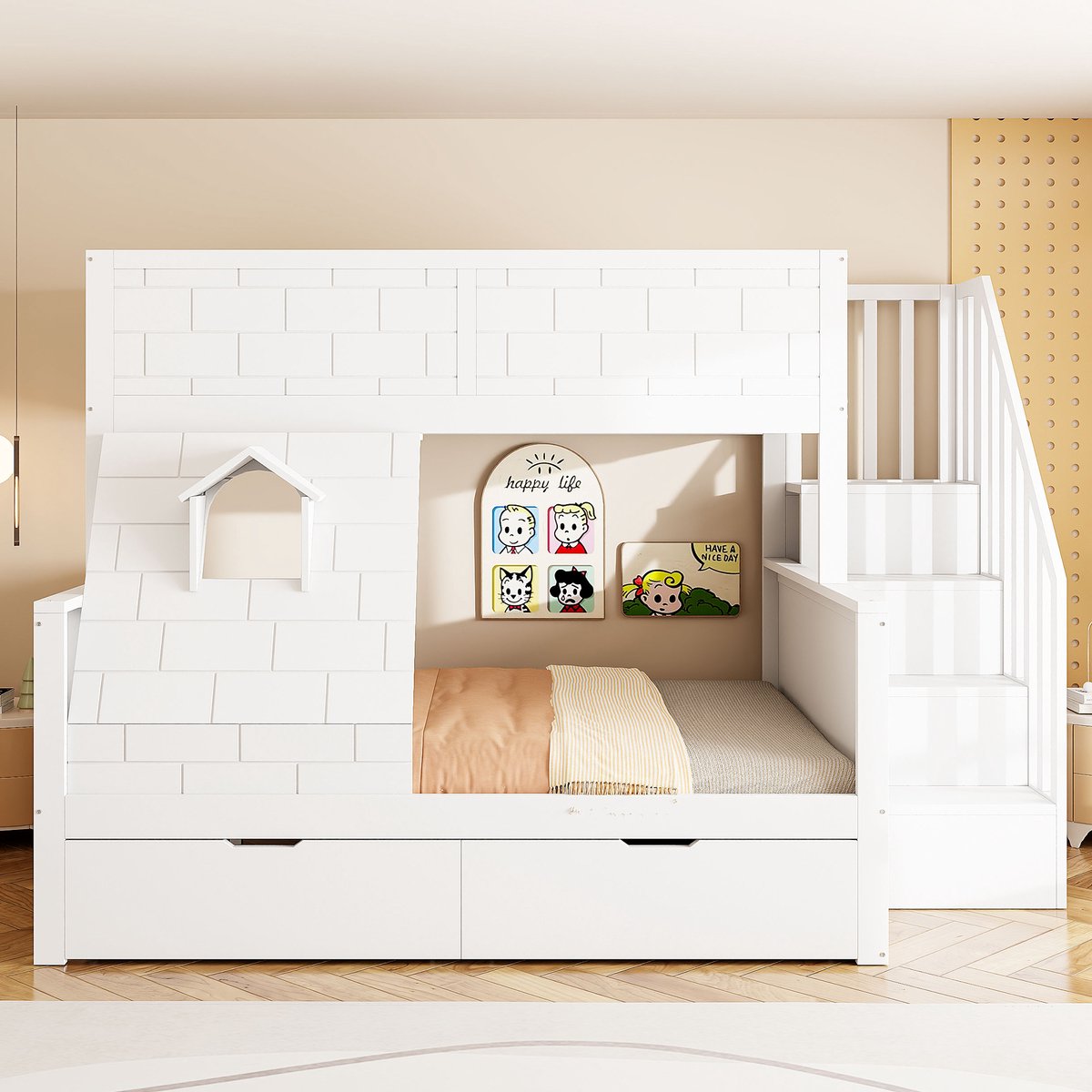 MEUNIQ Kinder stapelbed 90x200 en 140x200 met veiligheidstrap, trapopbergruimte, 2 lades en venster, houten bedframe voor kinderkamer, wit