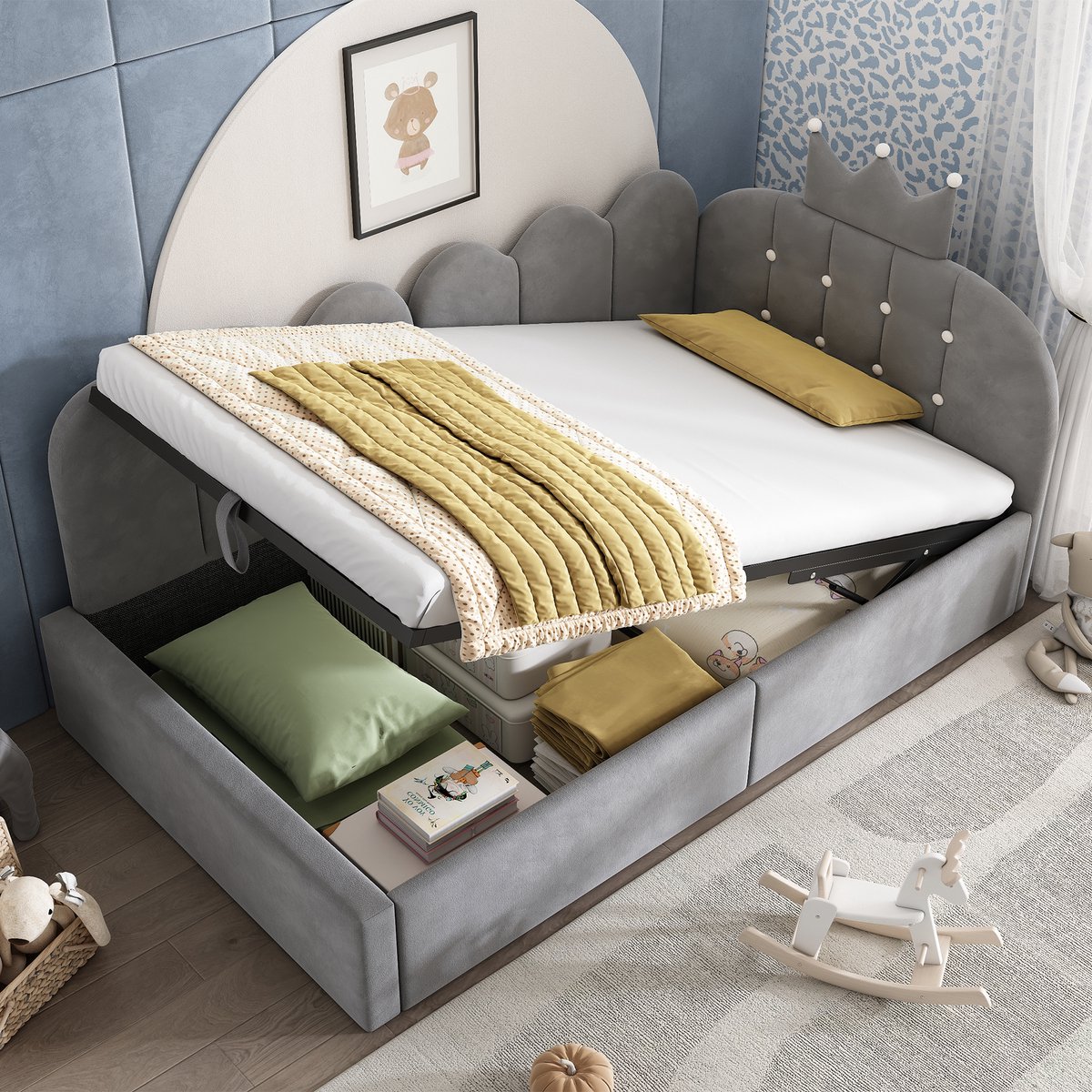 MEUNIQ slaapbank daybed 90x200 cm met hydraulische opbergruimte, lattenbodem en kroonvormig hoofdbord, L-vormig bedframe voor kinderkamer of logeerkamer, grijs