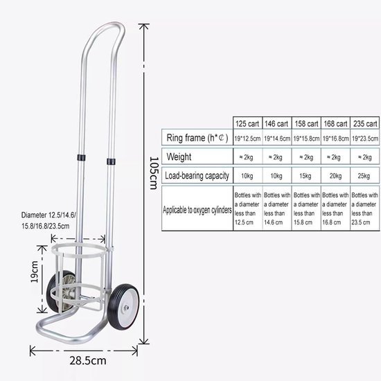 Zuurstofcilinderrek - Gasfleshouder Trolley - Veilig Transport - Stille Wielen - 105 cm Hoog - Zilver — afbeelding 2