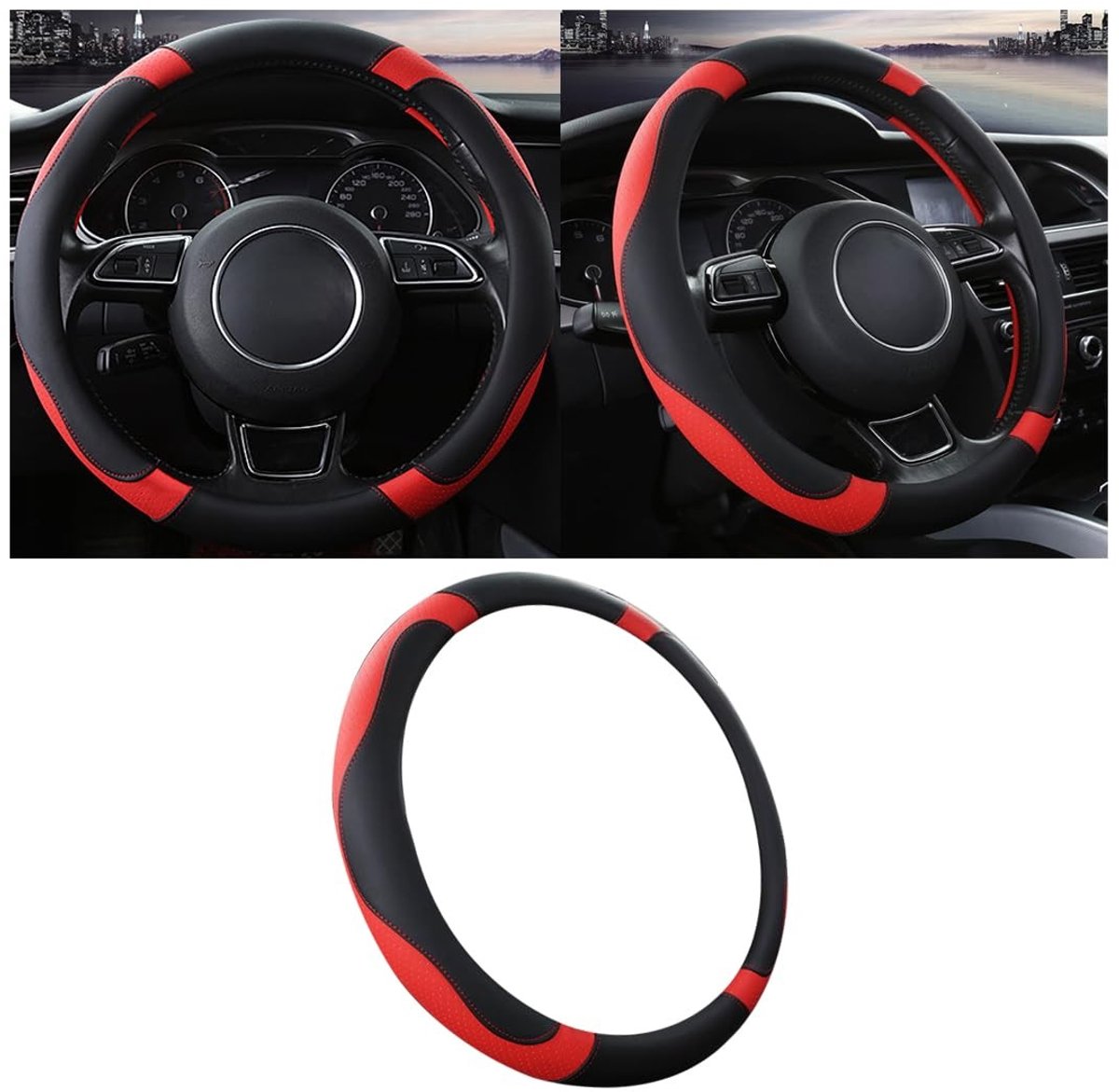 Dailygoods- Stuurhoes Antislip - Ademend Microvezelleer - Auto Accessoire - Universeel voor O-vormig Stuurwiel - Zwart/Rood - 37,5 cm Buitendiameter - Stuurwielhoes